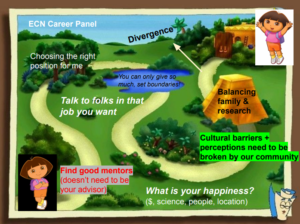 A storyboard of the ECN Career Panel and Mentor Mixer discussion from the AmeriFlux Annual Meeting 2020 featuring Dora the Explorer